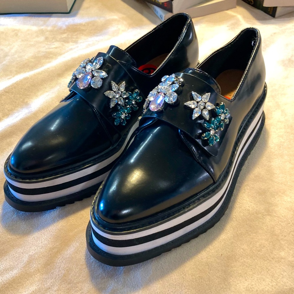 Zara jeweled/striped platforms